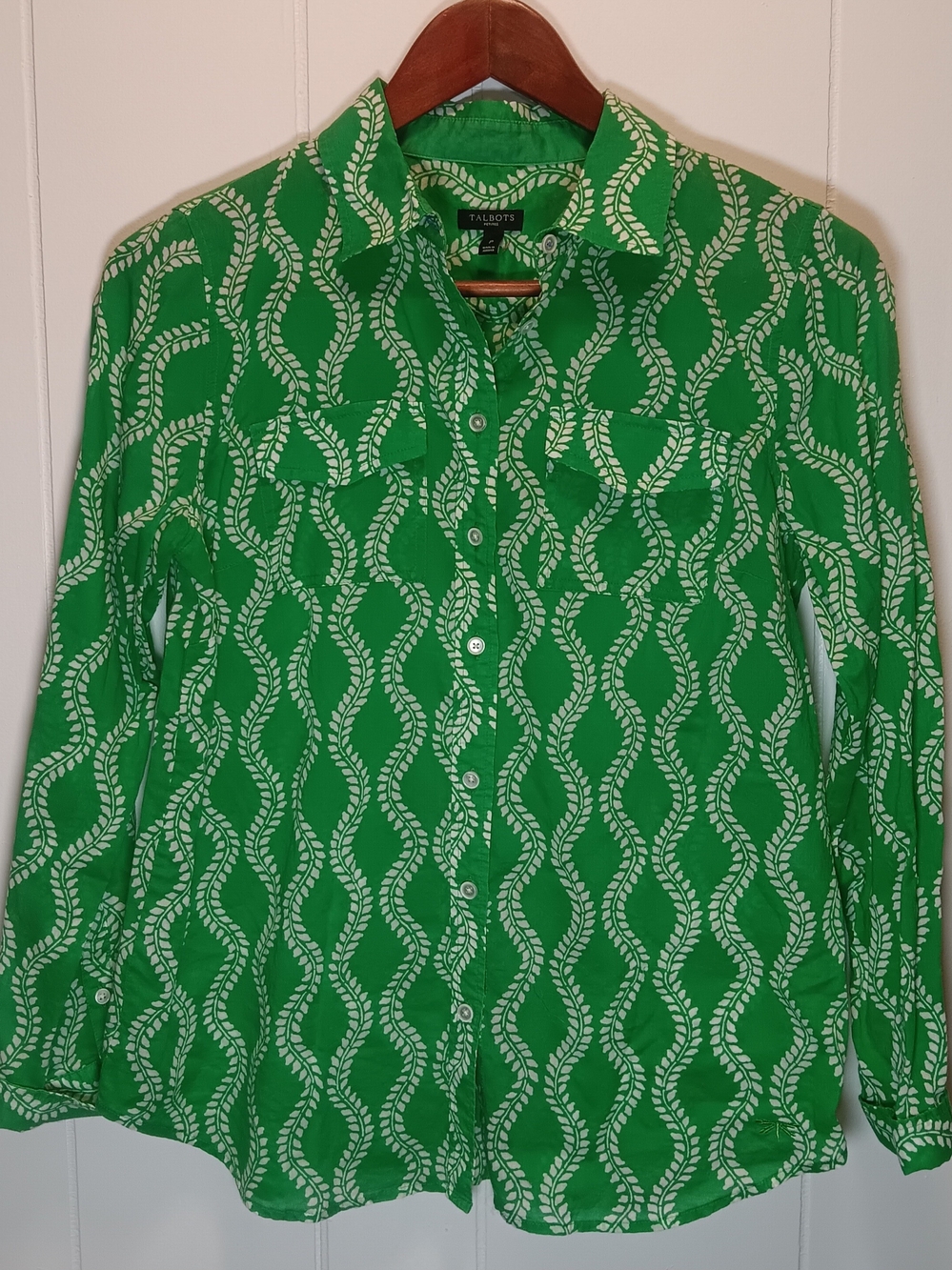 Talbots Green & White Printed Button-Down Shirt